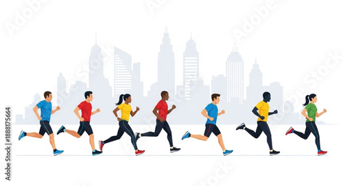 Diverse group of people running in a city marathon.