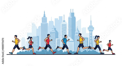 Diverse group of people running in a city marathon with skyscrapers background.
