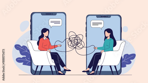 Two women on smartphone screens connected by tangled thoughts representing online therapy and mental support.