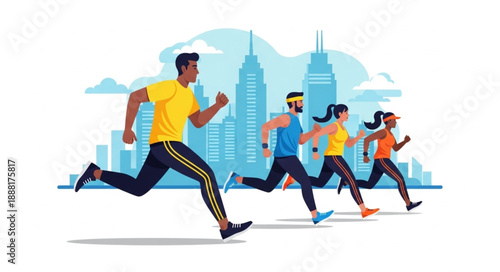 Diverse group of people running in a city marathon event.