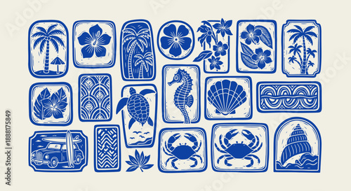 Collection of blue ocean and beach themed icons and symbols.