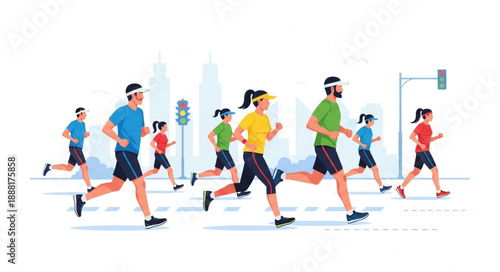 Diverse group of people running in a city marathon event.