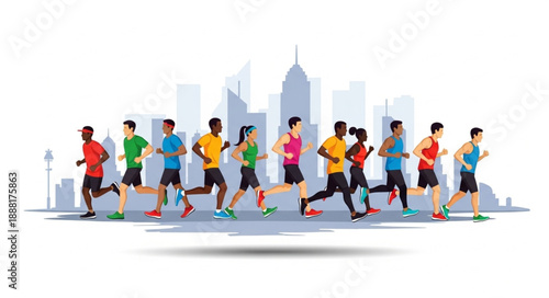 Diverse group of people running in a city marathon event.