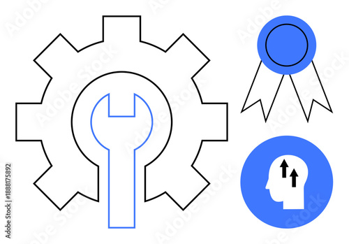 Innovation concept. Innovation tools, ed by a gear and wrench, combined with a ribbon and head with arrows. Innovation in technology, personal success, and growth. For business, career development