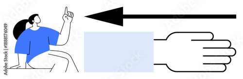 Direction concept. Arrow indicating movement, hand pointing guidance, and a woman contemplating decisions. Direction transition, guidance, decision-making, teamwork, and progress