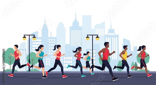 Diverse group of people running in a city marathon event.