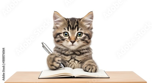 Cute kitten holding a pen and writing in a notebook on a desk isolated on white background