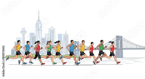 Diverse group of people running in a city marathon event.