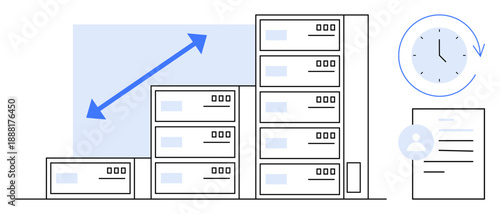 Business growth, data scalability, time efficiency, technology infrastructure, user authentication, and digital management. Server racks, growth arrow clock user ID document. Data scalability