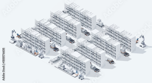 Automated warehouse with robotic arms and automated guided vehicles for efficient logistics and inventory management.