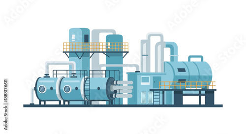 Illustration of a complex industrial plant with multiple interconnected tanks, pipes, and structures.