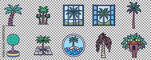 Vibrant Palm Tree Vector Icon Collection. Diverse Set of Tropical Vacation, Summer Beach, and Exotic Nature Illustrations, featuring Island, Treehouse & Potted Palms.