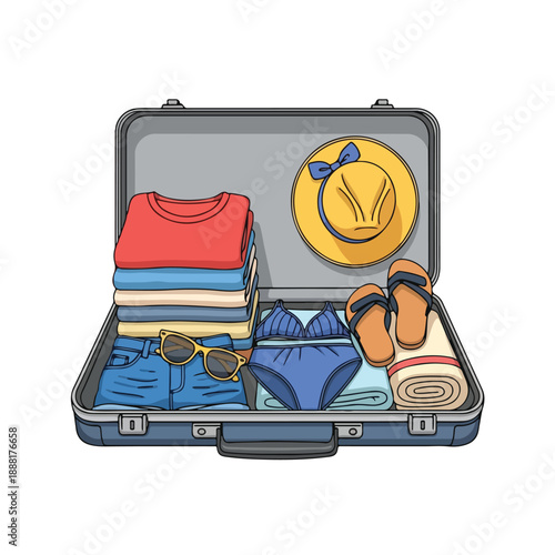 Travel Suitcase Packed with Clothes and Essentials