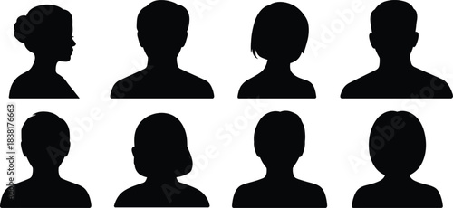 Collection of Diverse Human Head and Shoulder Silhouettes on White Background Keywords: silhouette, head, shoulder, profile