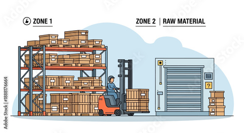 Warehouse interior with a forklift moving boxes and a large refrigerated storage unit.