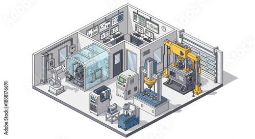 An isometric illustration of a modern industrial laboratory with advanced machinery and robotic arms, showcasing a high-tech manufacturing or research environment.