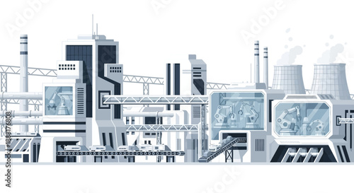 Futuristic industrial complex with advanced technology and automated manufacturing processes.