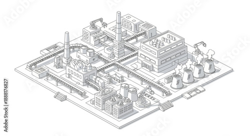 Isometric illustration of a complex industrial factory with multiple buildings, smokestacks, and conveyor belts.