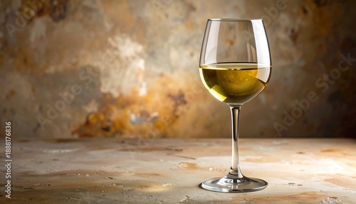 A tall glass of white liquid sits gracefully against a rustic, textured background