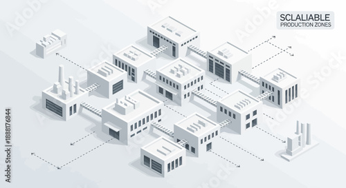 Isometric illustration of a scalable production zone with interconnected factory buildings and industrial facilities.