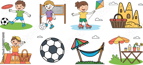 Summer outdoor activities for children cartoon icons, fun recreational pastimes for kids and playful leisure