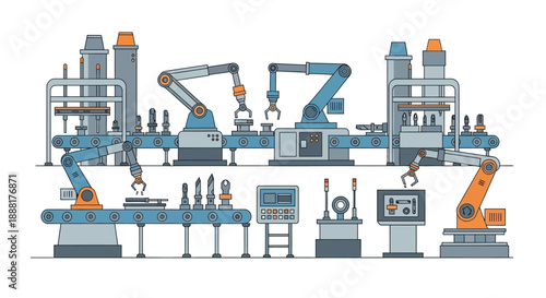 Automated assembly line with robotic arms and conveyor belts in a modern factory setting.