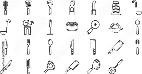 Collection of kitchen utensil line art icons on white background whisk spatula