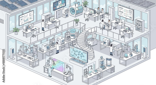 Isometric view of a modern research laboratory with scientists working on advanced technology and experiments.