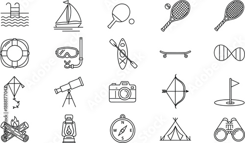 Collection of summer vacation and outdoor activity line art icons Keywords: swimming pool, ladder, water, sailboat, sail, boat