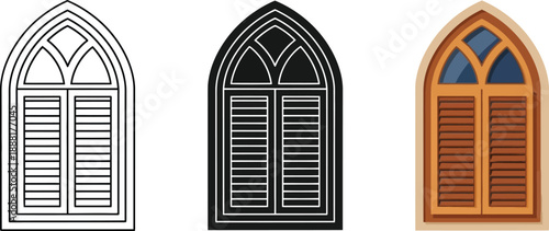 Gothic arch window with shutters architectural element in outline silhouette and color vector illustration for design
