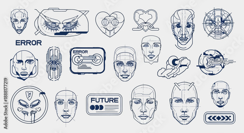 Collection of futuristic face illustrations and technology icons in blue line art.