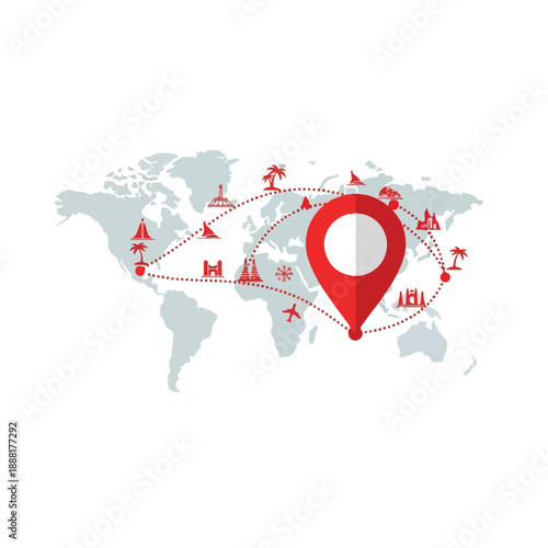 World Travel Route Map with Pin and Landmarks