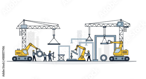 Construction site with cranes, excavators, and workers assembling industrial structures.