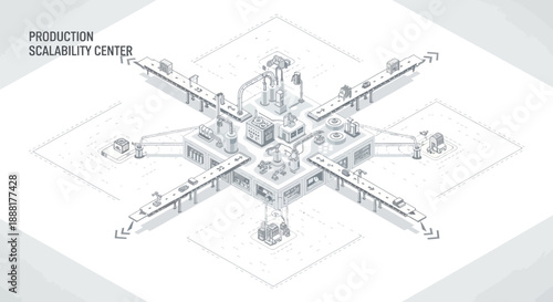An isometric illustration of a Production Scalability Center with multiple arms extending outwards, showcasing industrial infrastructure and complex machinery.