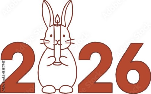Minimalist Outline Drawing of Rabbit Holding Burning Candle integrated with Year 2026, Religious or Holiday Line Art Vector