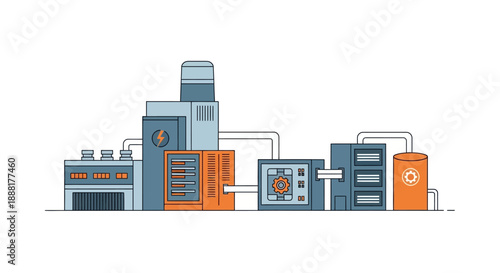 Illustration of a modern industrial factory complex with multiple interconnected buildings and machinery.