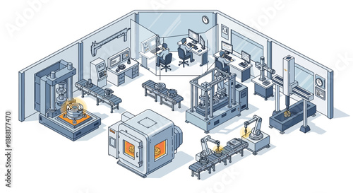 An isometric illustration of a modern manufacturing and testing facility, showcasing advanced machinery and quality control processes.