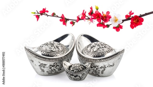 Asian-themed silver ingots with red blossoming branch