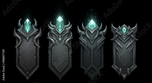 Set of four fantasy shields with glowing gemstones on black background.