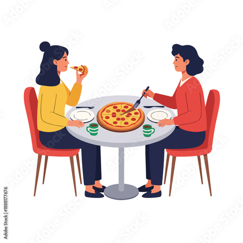 Two people dining at a round table with pizza