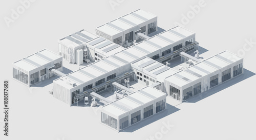 An isometric architectural rendering of a modern industrial complex with multiple interconnected buildings and visible infrastructure.