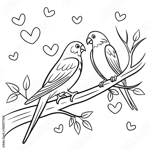 Adorable black and white line art illustration featuring two sweet birds perched closely together on a leafy branch surrounded by floating hearts perfect for Valentine's Day coloring pages.