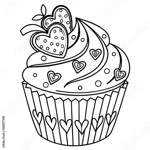 Adorable black and white line art coloring page featuring a delicious cupcake generously topped with swirling frosting and many decorative hearts perfect for valentine activities or celebrations.