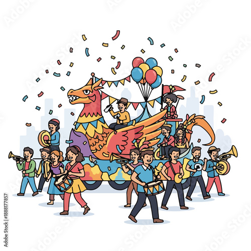 Festive Parade with Dragon Float and Music Band