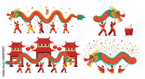 Vibrant dragon dance performance in traditional Chinese setting