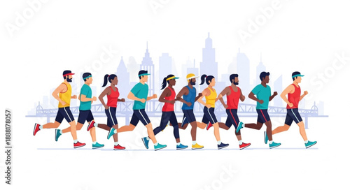 Diverse group of people running together in a city marathon.