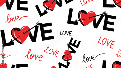 Vibrant love themed pattern with hearts and arrows on white