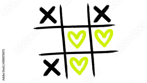 Hand drawn tic tac toe game with hearts and X's on white
