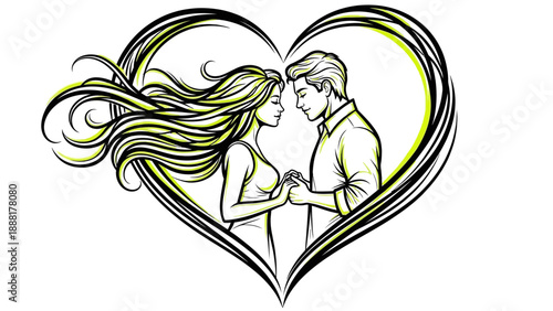 Romantic couple embracing love in heart shaped illustration