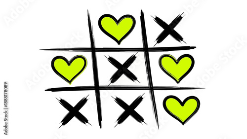 Vibrant tic tac toe game with hearts and x's on white